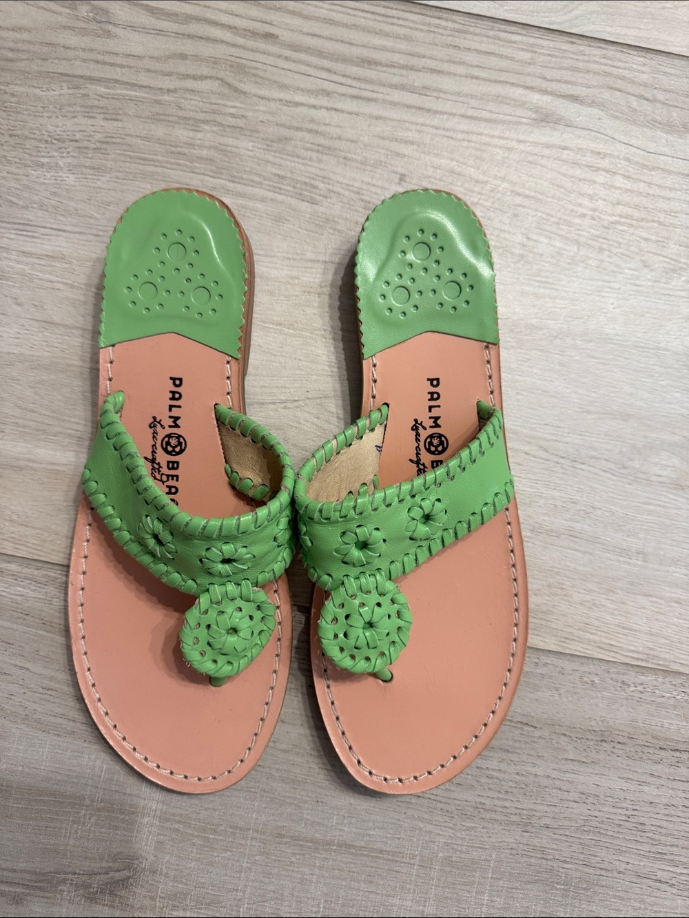 Palm Beach Sandals Green and Peach Leather Toe-Post Sandals